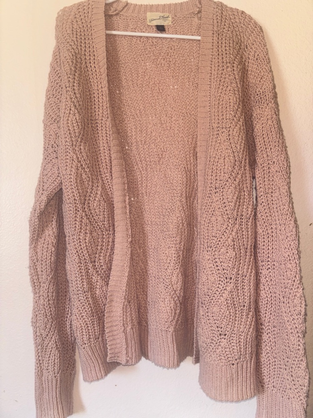 Womanβs Cable Knit Open Front Cardigan Sweater, Light Pink, Size XS